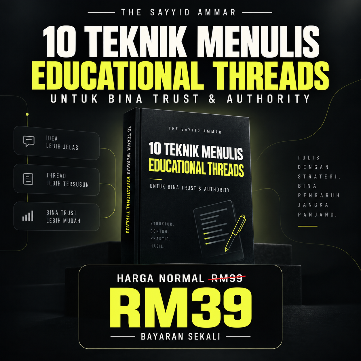 Mockup 10 Teknik Menulis Educational Threads dengan harga normal RM99 dipotong kepada RM39